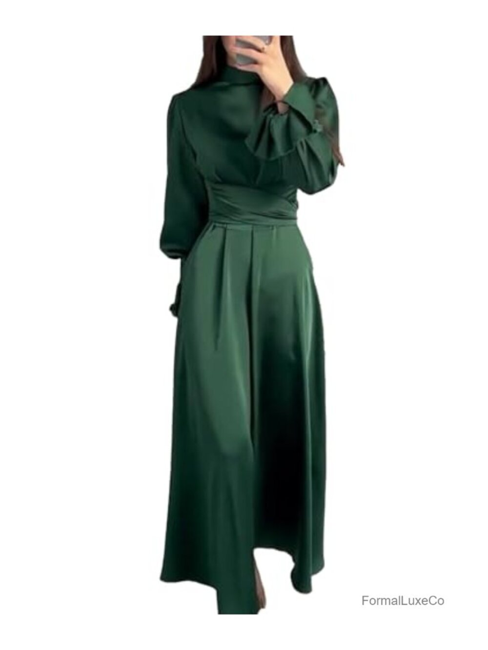 Womens Satin Long Sleeve Mock Neck Belted Formal Maxi Evening Gown
